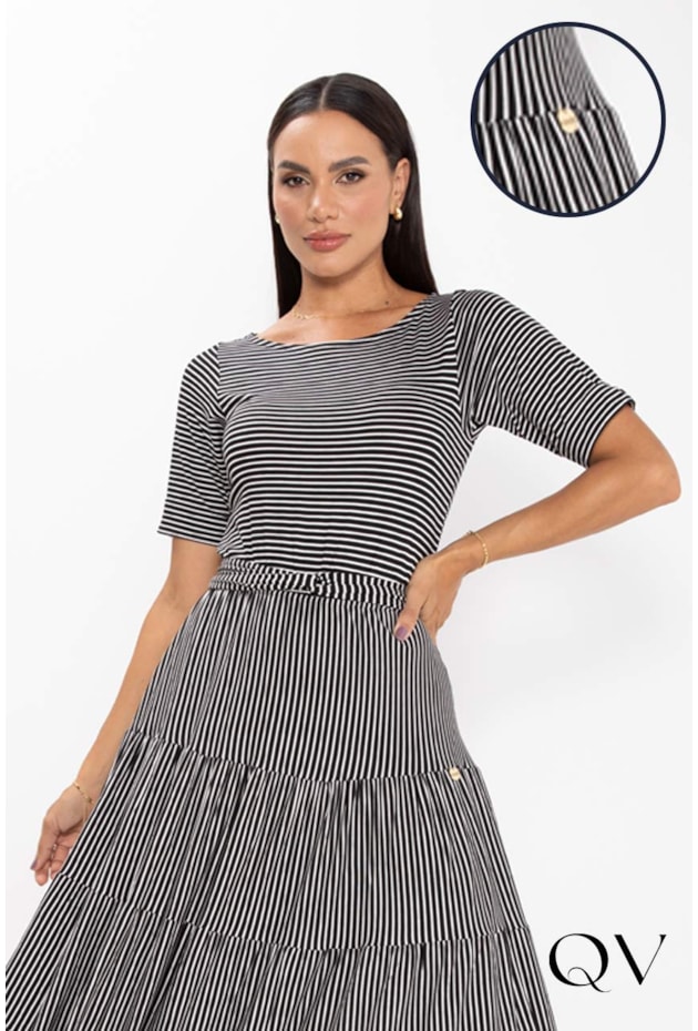 VESTIDO LONGO EM VISCOLYCRA LISTRADO P&B - LEKAZIS