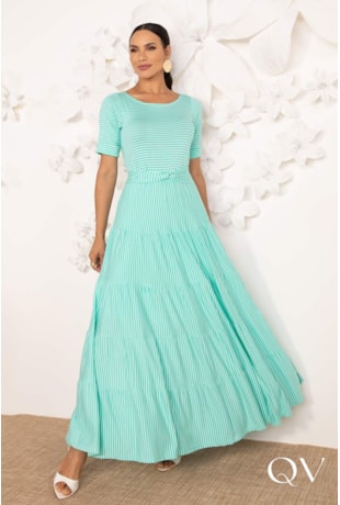 VESTIDO LONGO EM VISCOLYCRA LISTRADO VERDE ÁGUA - LEKAZIS