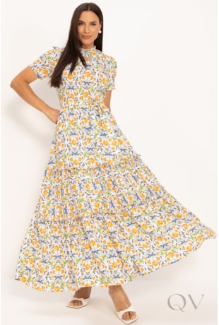 VESTIDO LONGO EM VISCOSE ESTAMPA LIMÕES - LEKAZIS