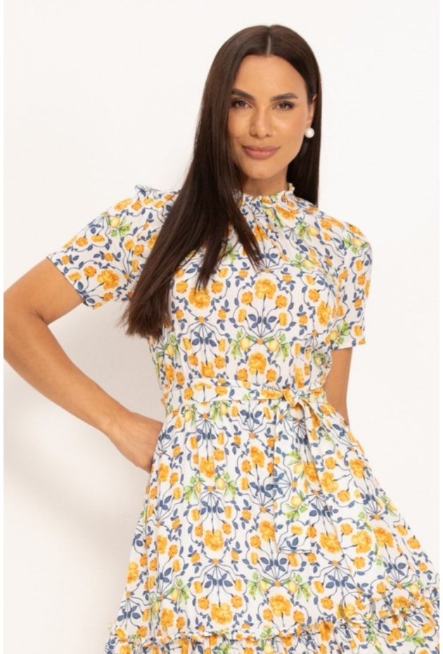 VESTIDO LONGO EM VISCOSE ESTAMPA LIMÕES - LEKAZIS
