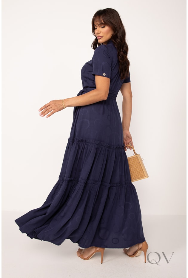 VESTIDO LONGO EM VISCOSE JACQUARD POÁ MARINHO - LEKAZIS