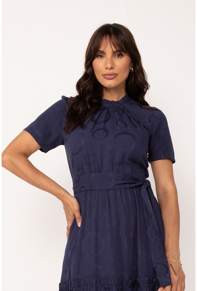 VESTIDO LONGO EM VISCOSE JACQUARD POÁ MARINHO - LEKAZIS