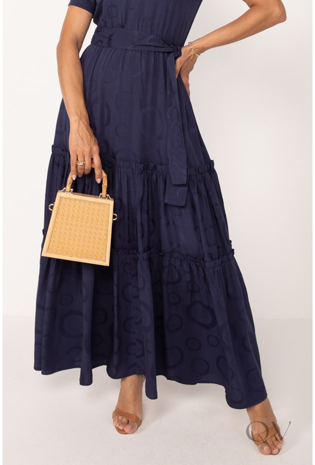 VESTIDO LONGO EM VISCOSE JACQUARD POÁ MARINHO - LEKAZIS