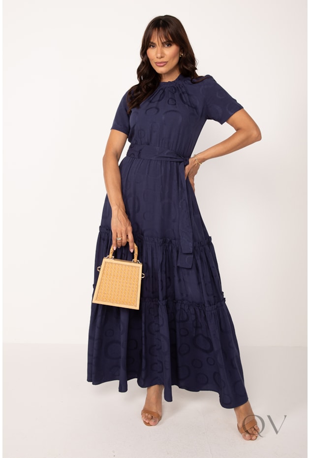 VESTIDO LONGO EM VISCOSE JACQUARD POÁ MARINHO - LEKAZIS