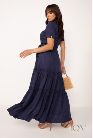 VESTIDO LONGO EM VISCOSE JACQUARD POÁ MARINHO - LEKAZIS
