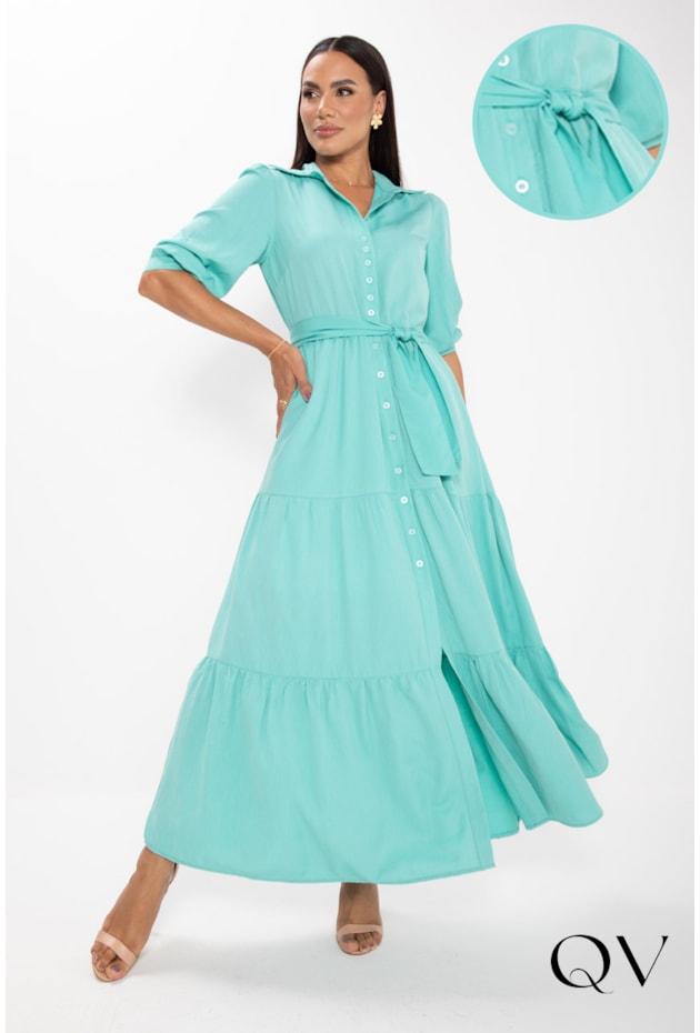 VESTIDO LONGO EM VISCOSE VERDE ÁGUA - LEKAZIS