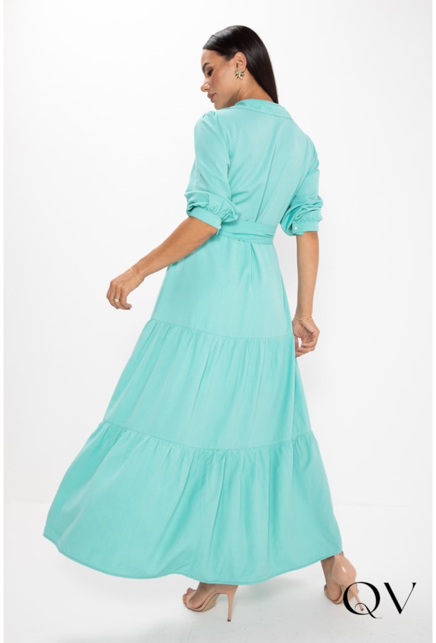 VESTIDO LONGO EM VISCOSE VERDE ÁGUA - LEKAZIS