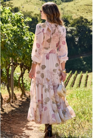 VESTIDO LONGO ESTAMPADO EM CHIFFON FLORAL - LUZIA FAZZOLLI