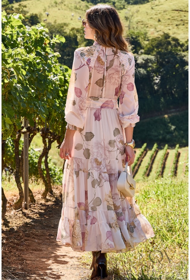 VESTIDO LONGO ESTAMPADO EM CHIFFON FLORAL - LUZIA FAZZOLLI