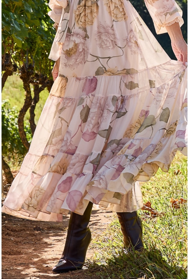VESTIDO LONGO ESTAMPADO EM CHIFFON FLORAL - LUZIA FAZZOLLI