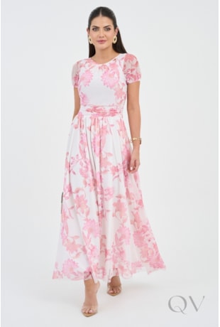 VESTIDO LONGO ESTAMPADO EM TULE ROSA - VIA TOLENTINO