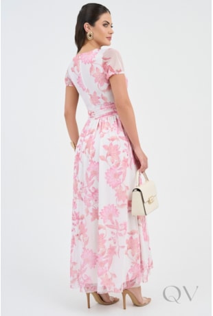 VESTIDO LONGO ESTAMPADO EM TULE ROSA - VIA TOLENTINO