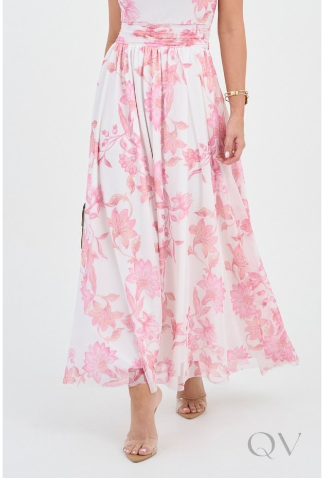 VESTIDO LONGO ESTAMPADO EM TULE ROSA - VIA TOLENTINO