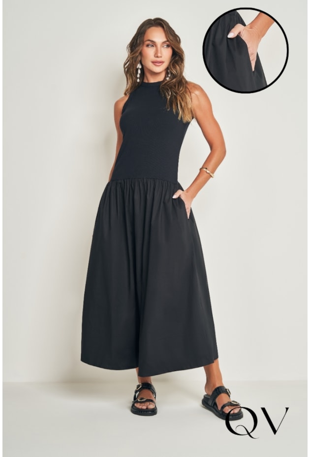 VESTIDO LONGO EVASÊ EM RIBANA E PLANO TRICOLINE PRETO - DOCE TRAMA