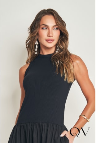 VESTIDO LONGO EVASÊ EM RIBANA E PLANO TRICOLINE PRETO - DOCE TRAMA