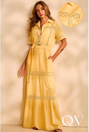 VESTIDO LONGO FLUIDO EM VISCOSE COM RENDA AMARELO - ARTSY