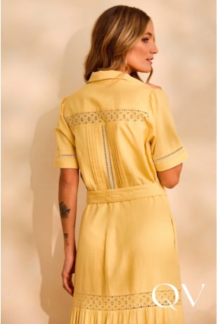 VESTIDO LONGO FLUIDO EM VISCOSE COM RENDA AMARELO - ARTSY