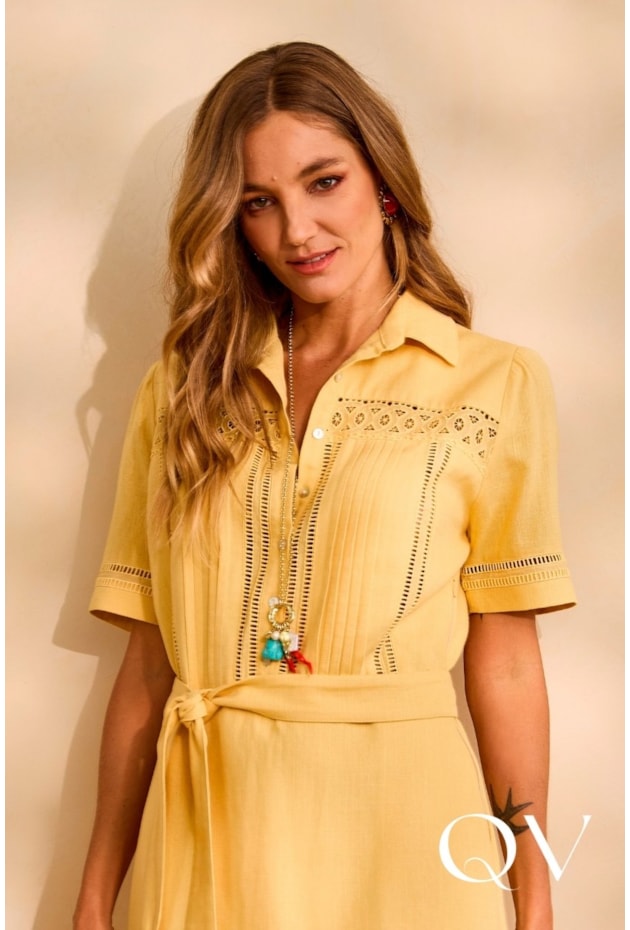 VESTIDO LONGO FLUIDO EM VISCOSE COM RENDA AMARELO - ARTSY
