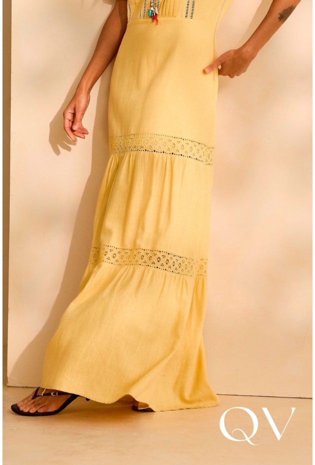 VESTIDO LONGO FLUIDO EM VISCOSE COM RENDA AMARELO - ARTSY