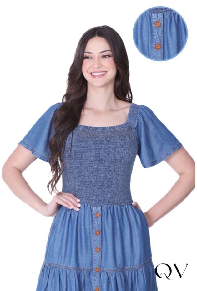 VESTIDO LONGO FRANZIDO EM JEANS - HAPUK