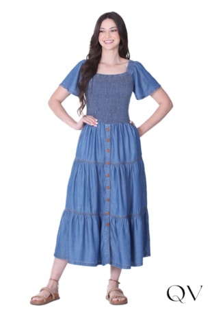 VESTIDO LONGO FRANZIDO EM JEANS - HAPUK