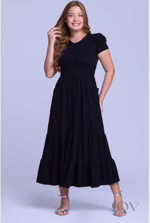 VESTIDO LONGO GODÊ COM BOLSOS EM MALHA PIQUET PRETO - HAPUK