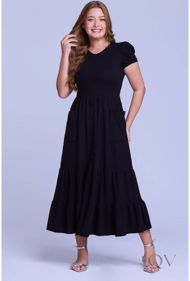 VESTIDO LONGO GODÊ COM BOLSOS EM MALHA PIQUET PRETO - HAPUK