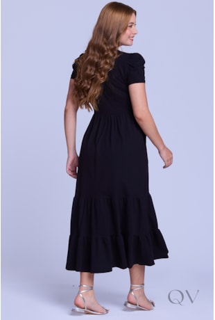 VESTIDO LONGO GODÊ COM BOLSOS EM MALHA PIQUET PRETO - HAPUK