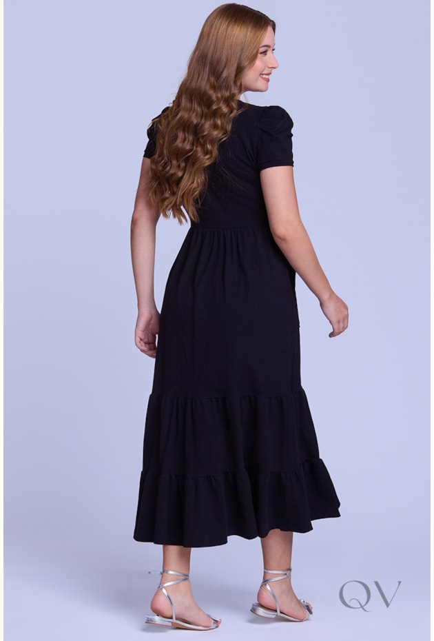 VESTIDO LONGO GODÊ COM BOLSOS EM MALHA PIQUET PRETO - HAPUK