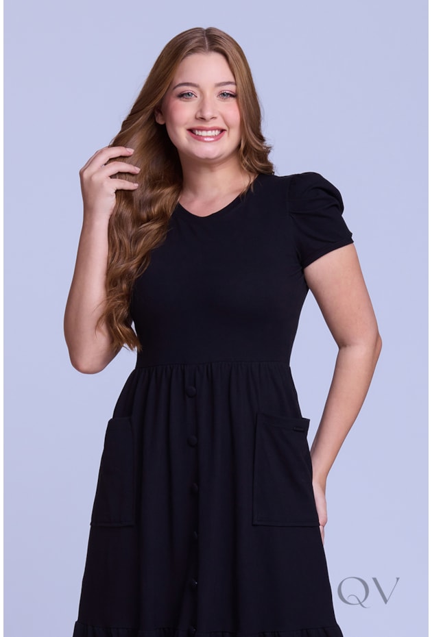 VESTIDO LONGO GODÊ COM BOLSOS EM MALHA PIQUET PRETO - HAPUK