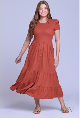 VESTIDO LONGO GODÊ COM BOLSOS EM MALHA PIQUET TELHA - HAPUK