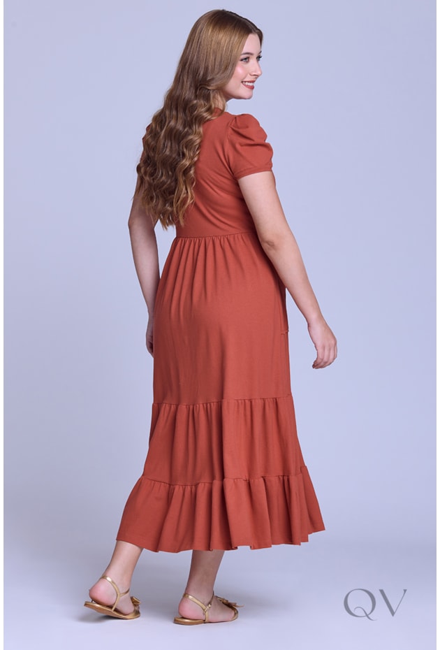 VESTIDO LONGO GODÊ COM BOLSOS EM MALHA PIQUET TELHA - HAPUK