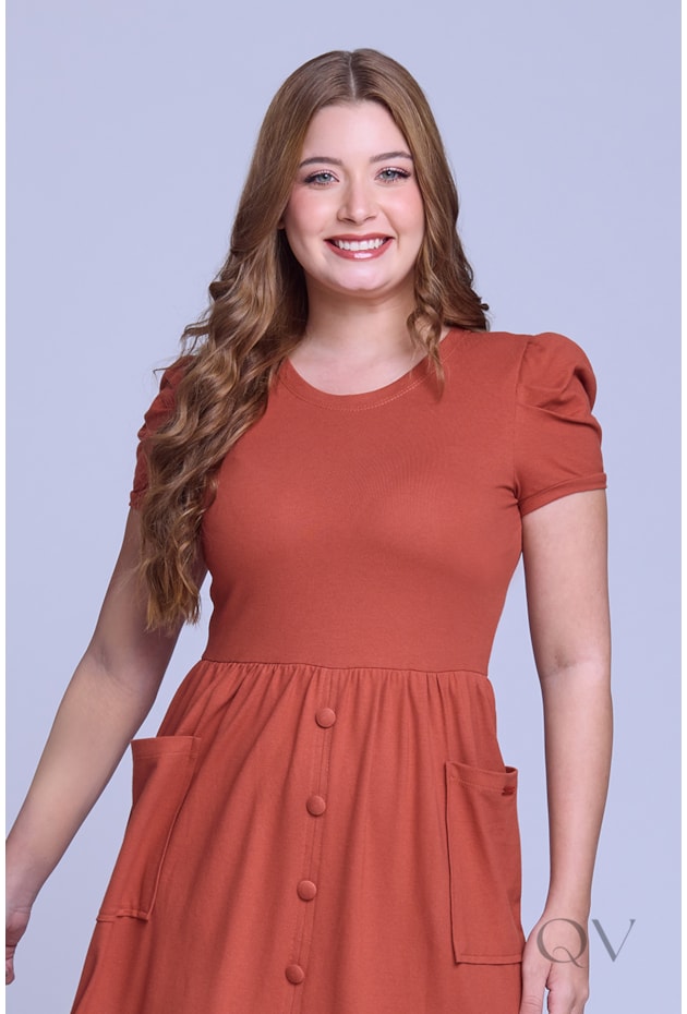 VESTIDO LONGO GODÊ COM BOLSOS EM MALHA PIQUET TELHA - HAPUK