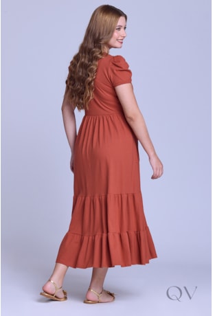 VESTIDO LONGO GODÊ COM BOLSOS EM MALHA PIQUET TELHA - HAPUK