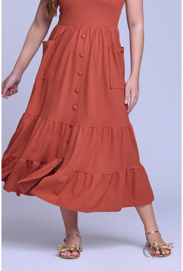 VESTIDO LONGO GODÊ COM BOLSOS EM MALHA PIQUET TELHA - HAPUK