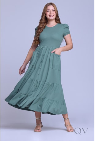 VESTIDO LONGO GODÊ COM BOLSOS EM MALHA PIQUET VERDE - HAPUK