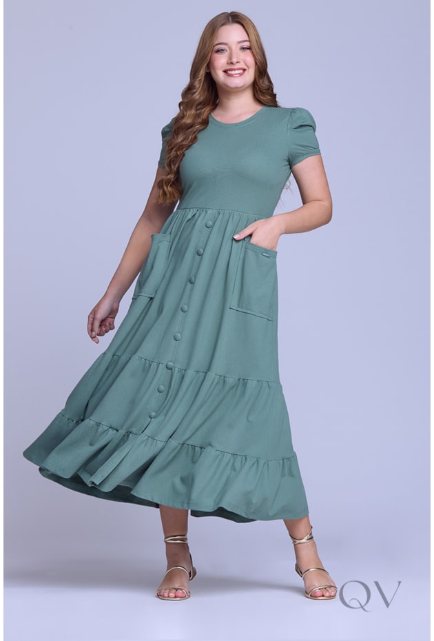 VESTIDO LONGO GODÊ COM BOLSOS EM MALHA PIQUET VERDE - HAPUK