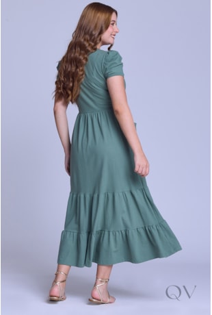 VESTIDO LONGO GODÊ COM BOLSOS EM MALHA PIQUET VERDE - HAPUK