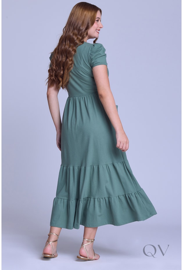 VESTIDO LONGO GODÊ COM BOLSOS EM MALHA PIQUET VERDE - HAPUK