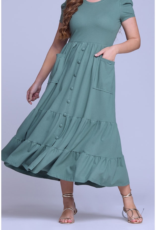 VESTIDO LONGO GODÊ COM BOLSOS EM MALHA PIQUET VERDE - HAPUK