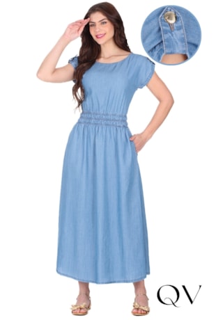 VESTIDO LONGO GODÊ EM JEANS CLARO AZUL - HAPUK