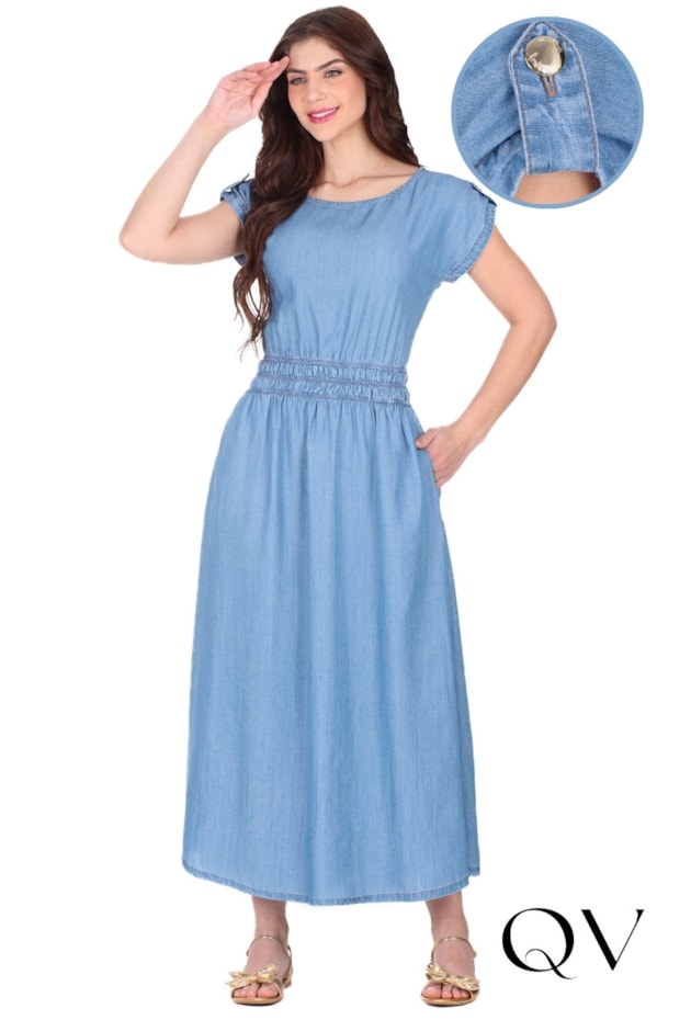 VESTIDO LONGO GODÊ EM JEANS CLARO AZUL - HAPUK