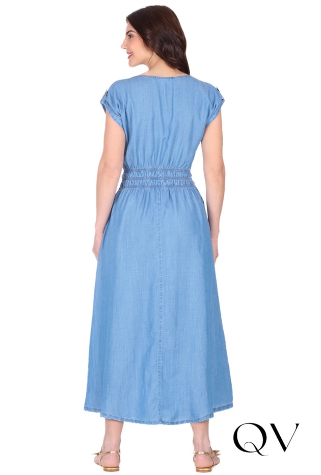 VESTIDO LONGO GODÊ EM JEANS CLARO AZUL - HAPUK
