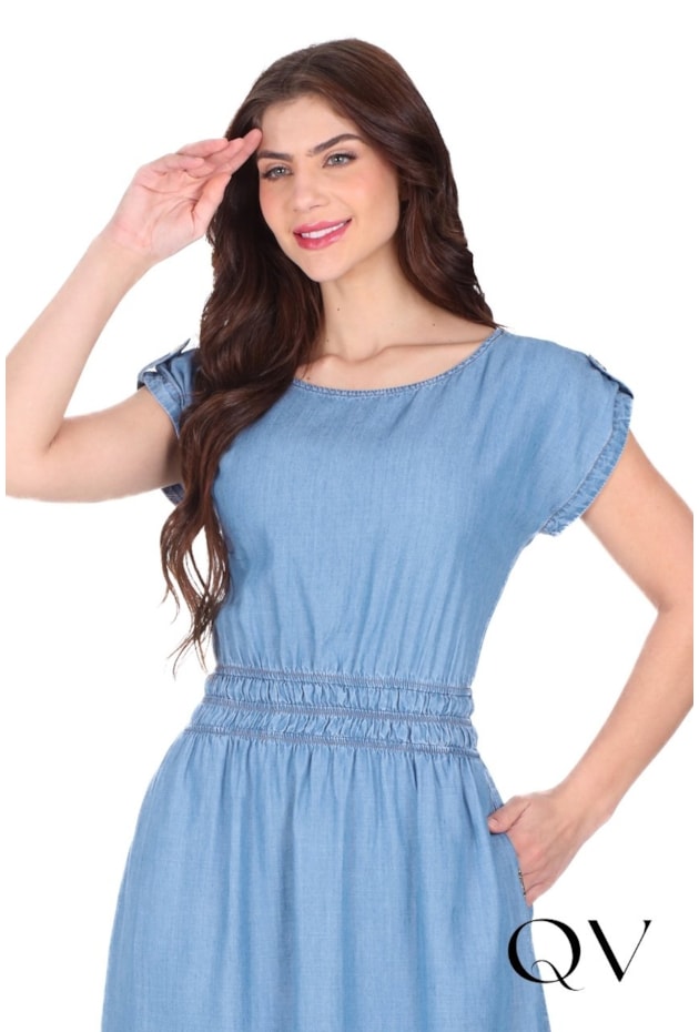 VESTIDO LONGO GODÊ EM JEANS CLARO AZUL - HAPUK