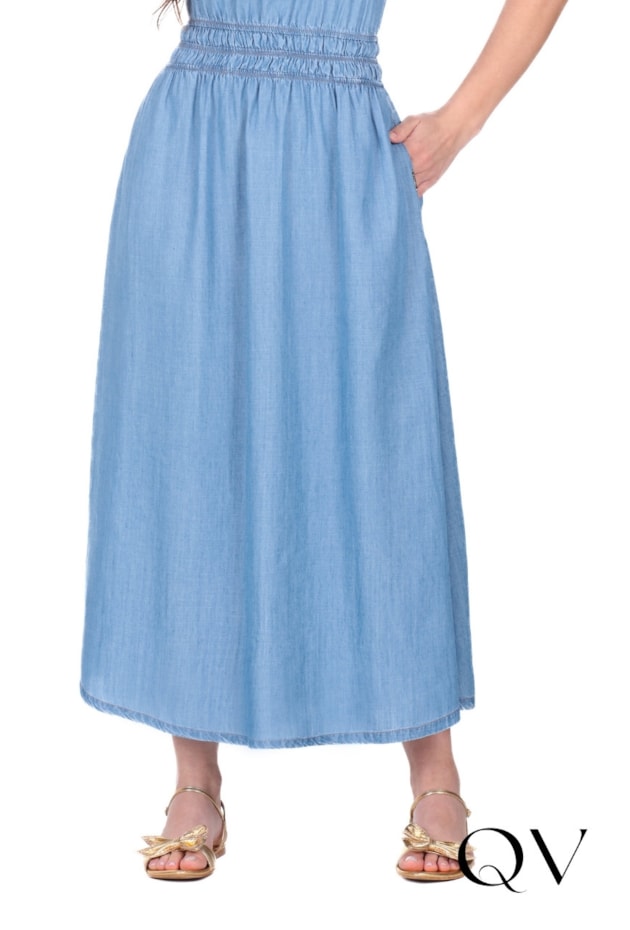 VESTIDO LONGO GODÊ EM JEANS CLARO AZUL - HAPUK