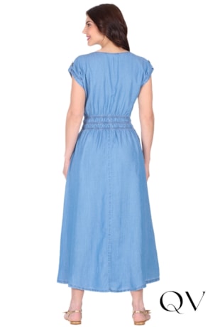 VESTIDO LONGO GODÊ EM JEANS CLARO AZUL - HAPUK