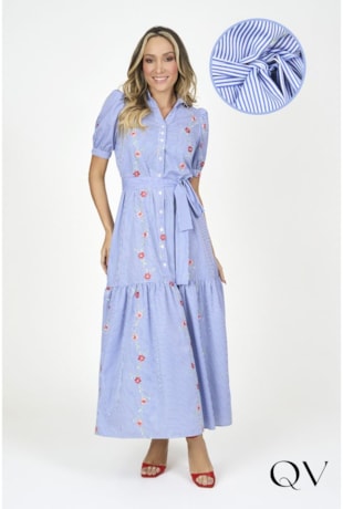 VESTIDO LONGO LISTRADO COM BORDADO FLORAL AZUL - VIA TOLENTINO