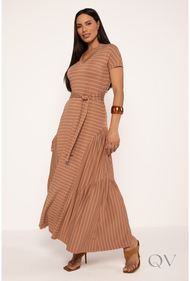 VESTIDO LONGO LISTRADO EM MALHA NUDE - LEKAZIS