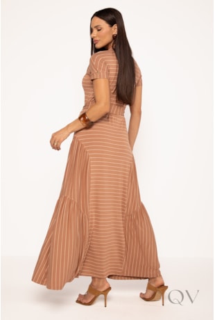 VESTIDO LONGO LISTRADO EM MALHA NUDE - LEKAZIS