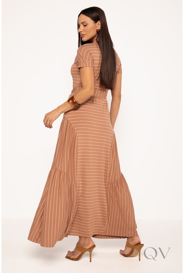 VESTIDO LONGO LISTRADO EM MALHA NUDE - LEKAZIS